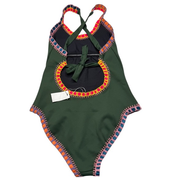 Platinum Swimwear PilyQ Olive Crochet Trim One Piece Small Trendy Vacation - Picture 3 of 6